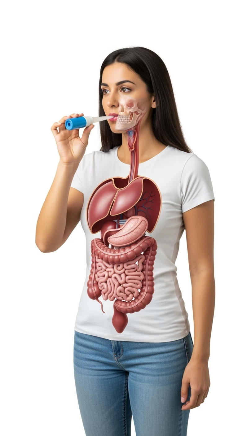 donna a figura intera con intestino anatomico realistico in evidenza che fa il "Breath test", iperrealistica 4k, sfondo bianco emoji