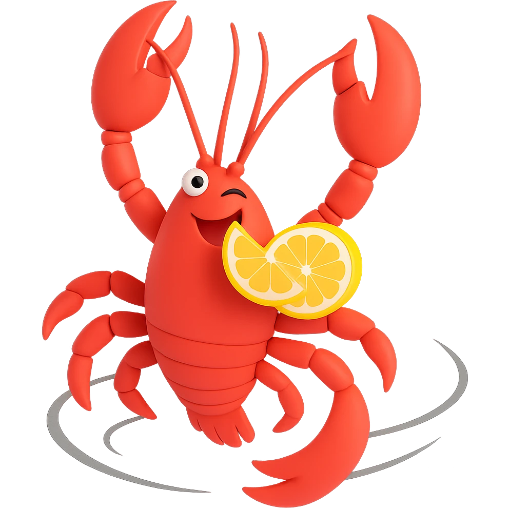 Make the lobster wink while dancing with a lemon in its mouth, spinning in a 360-degree motion, with a transparent background. emoji