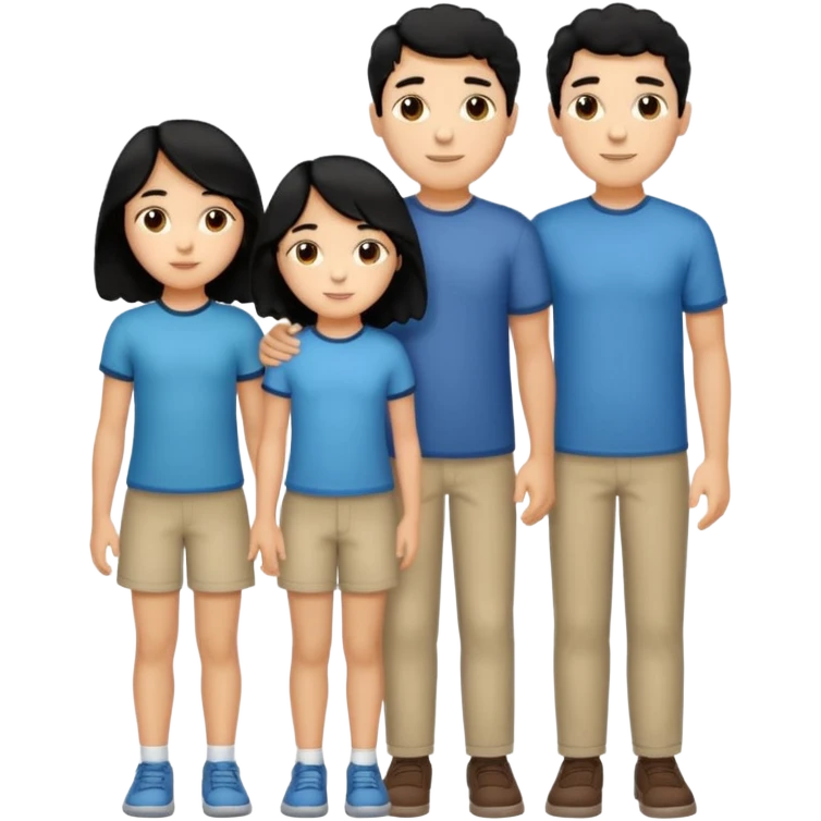 Hispanic family of five standing side by side, mom with long straight hair, dad with short curly hair, two boys with matching short hair, one girl with long straight hair, no raised hands, transparent background emoji