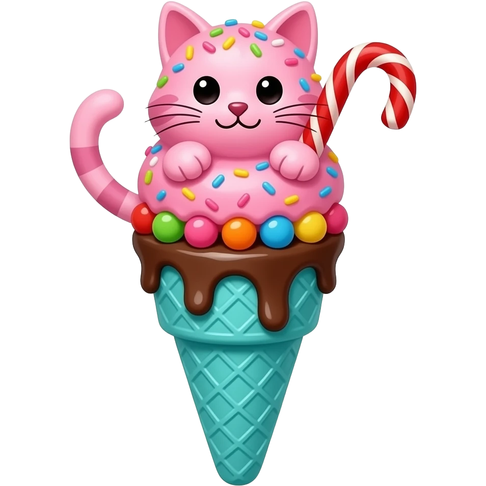 Pink cat shaped ice cream scoops with sprinkles and  red licorice  and candies with chocolate sauce in a cyan waffle ice cream cone emoji