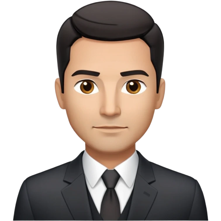 Handsome athletic Hispanic man in his late 40s with tan complexion, short black straight hair combed back with faded sides, square masculine face with defined jawline, neutral-friendly TV presenter expression, black suit jacket worn open with white button-up shirt visible emoji