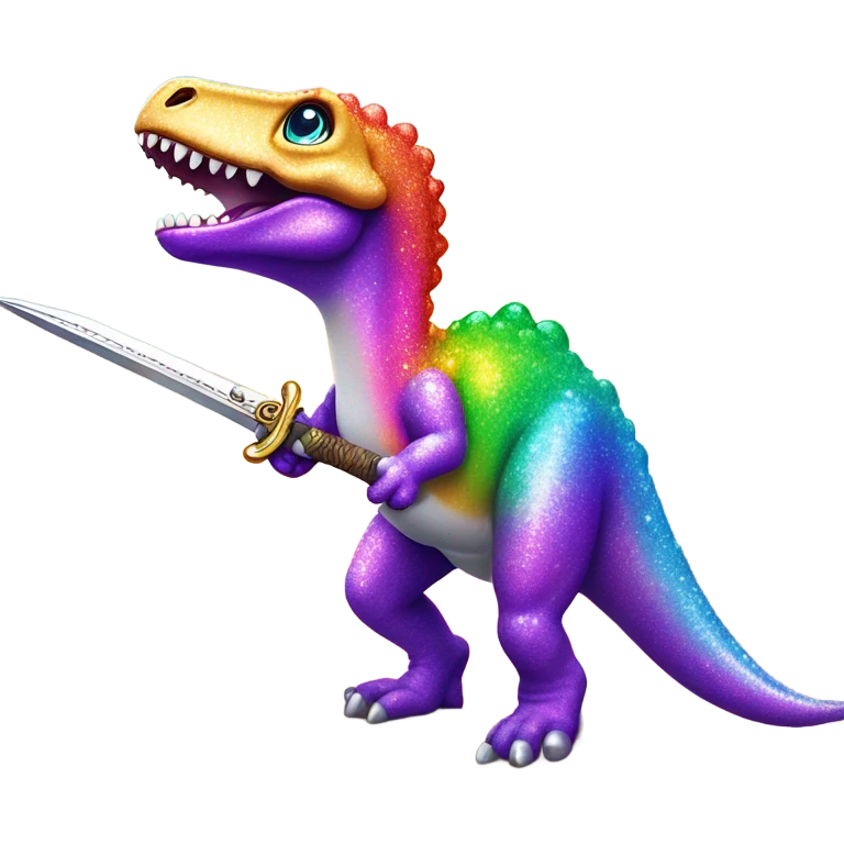 Lisa frank glitter rainbow cute dinosaur with sword and jewels emoji