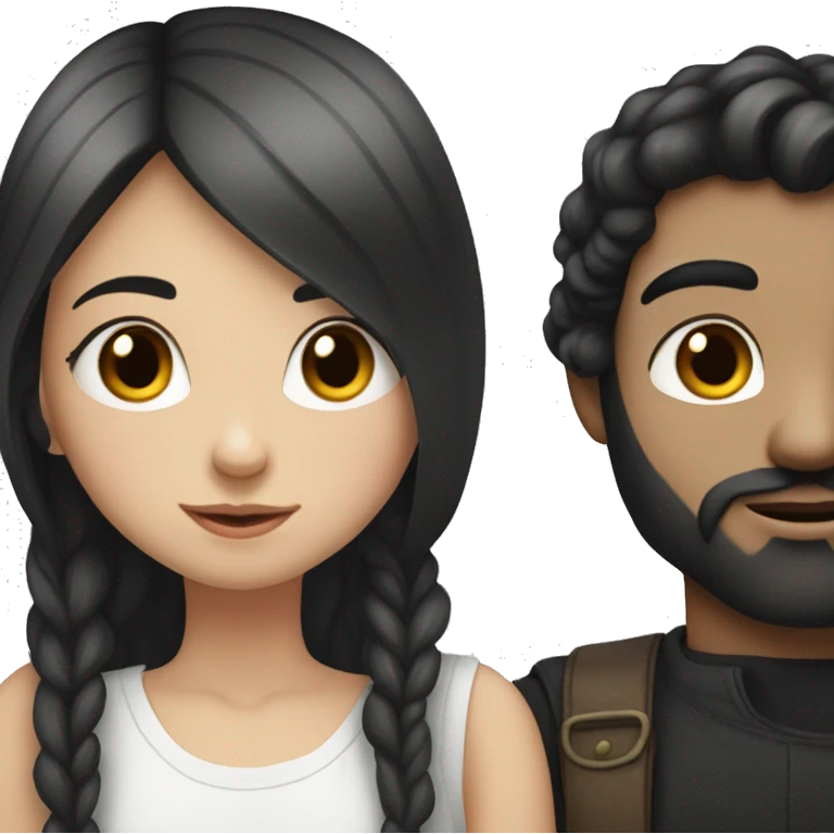 White-skinned girl with long black hair kissing a white-skinned boy with black hair and beard emoji