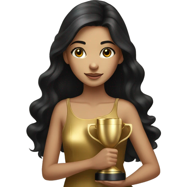 realistic portrait of girl with brown eyes and long lashes and long black hair wearing a gold dress holding trophies emoji