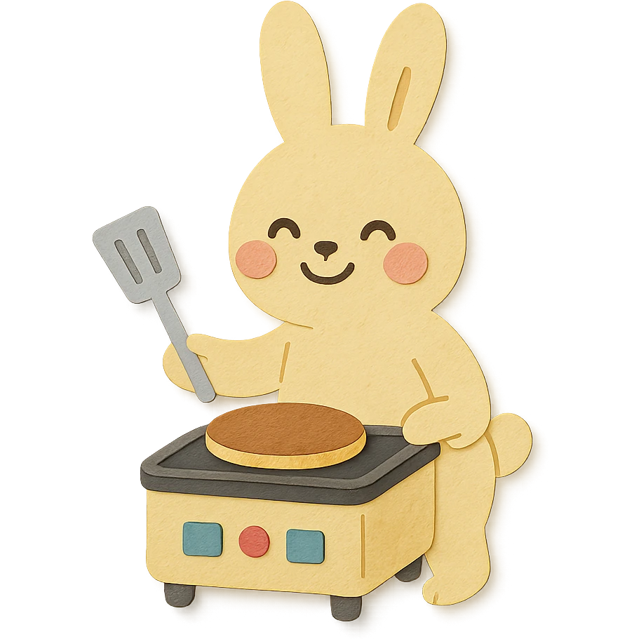 pastel yellow electric grill rabbit cooking a pancake, blushing joyfully, full-body emoji