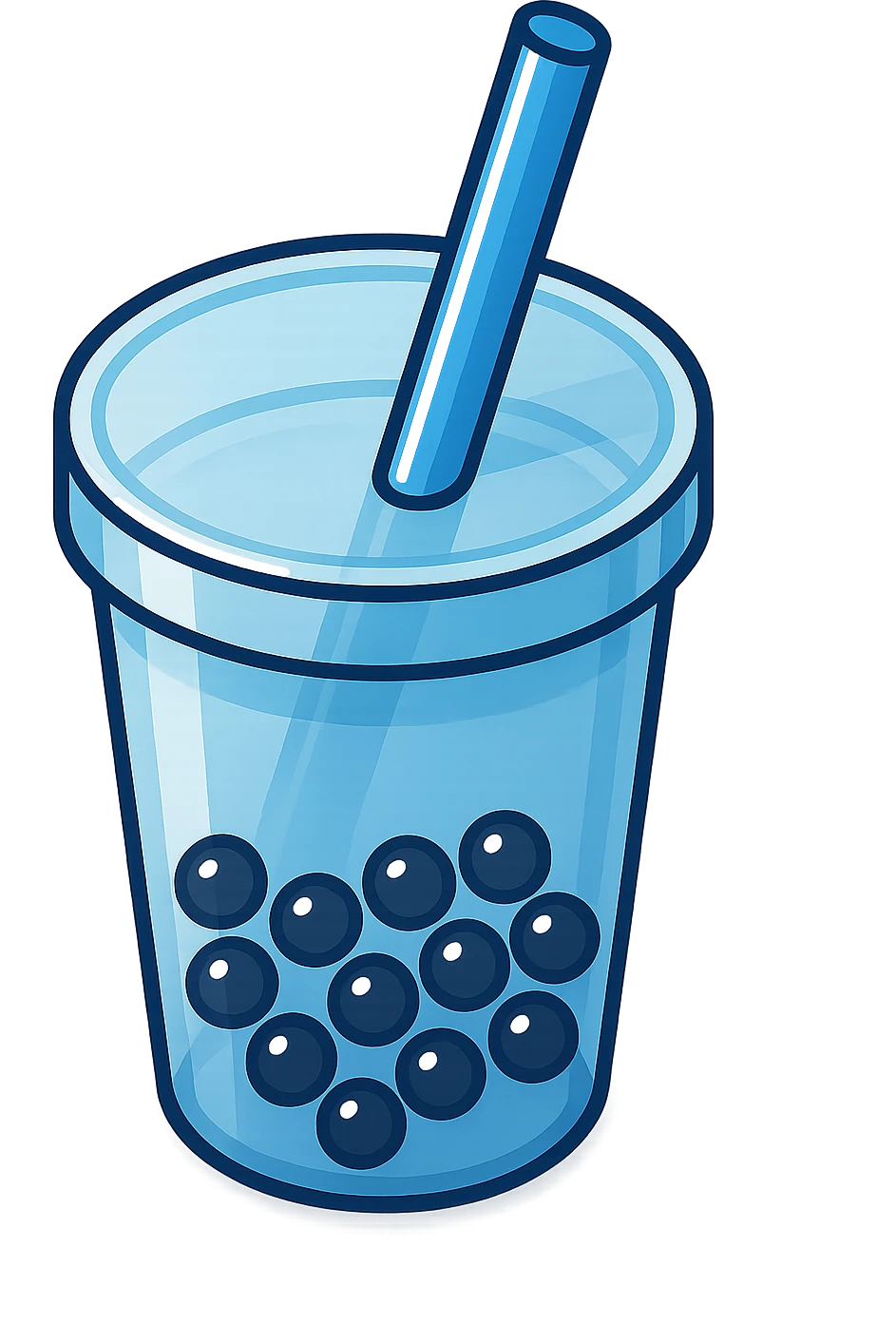 bubble tea cup with a straw, mostly blue, clear bold outline, strong shadows and highlights on straw, cup, and pearls, vector style, matte glass look emoji