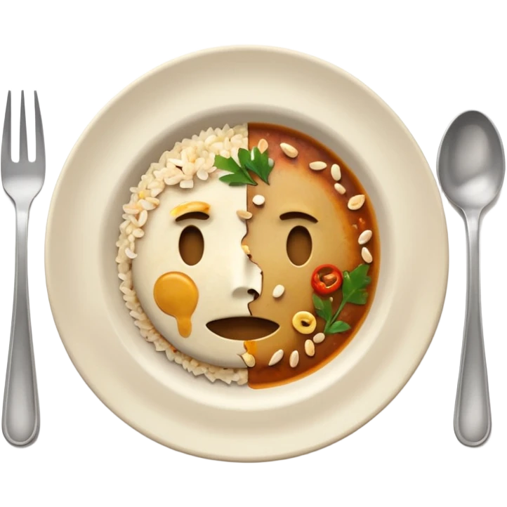 3D emoji of a dirty plate after eating, leftover food scraps, vegetable pieces, rice grains, sauce stains on the plate, fork and spoon placed beside the plate, no face, no character, no human features, realistic food leftovers, clean and simple background, soft lighting, high quality, emoji style emoji