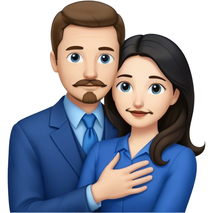 tall white man with brown hair goatee mustache hugging a pale woman with long black hair, wearing blue formal clothing emoji