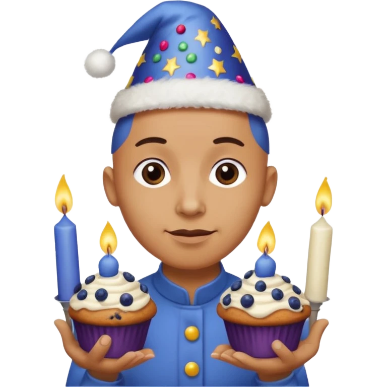 Blueberry Muffin celebrating birthday. Make sure it actually looks like a muffin with candles. Somebody holding it with party hat and bald emoji