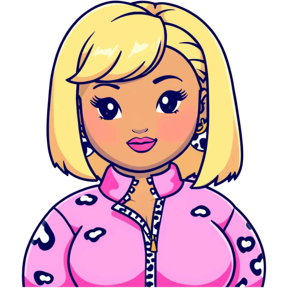 Nicki Minaj wearing pink and white leopard print outfit with half blonde half pink hairstyle with bangs emoji