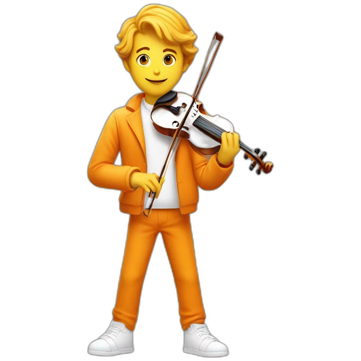 yellow-boy-with-white-jacket-and-orange-trousers-holding-in-his-hands-violin-and-paintbrush-behind-him-is-a-orange-sea emoji