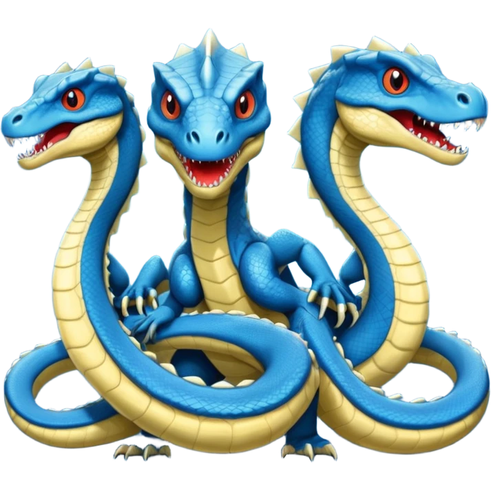 blue hydra, strong reptilian body, like a dinosaure, not like a snake,  with 3 serpent-like heads rising from its neck emoji