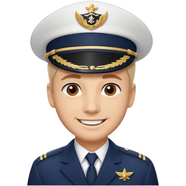 A light-skinned man with brown eyes, smiling while wearing a white captain’s hat with a navy emblem. emoji