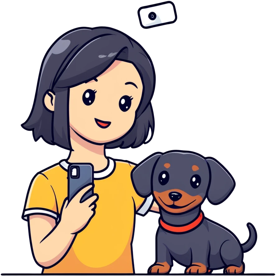 black hair asian girl taking selfie with black dachshund emoji