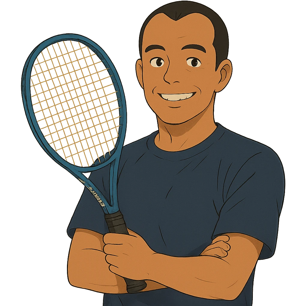 ghibli style light brown skinned tennis coach, short straight black hair with widow's peak, oval face, small eyes, smiling, holding blue Yonex racket, wearing navy blue dry fit shirt emoji