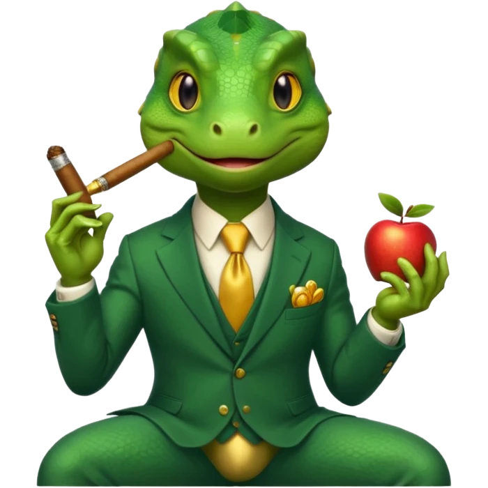 lizard in a business suit with a sly expression, holding a cigar, sitting on gold coins, apple emoji style, no text emoji