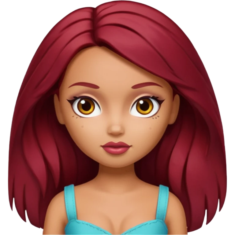 Bratz doll with dark red hair and a beauty mark emoji