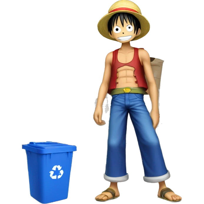 Luffy from one piece taking out his recycling bin, which has a blue body and yellow lid emoji