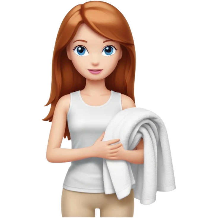 A Barbie girl with blue eyes, shoulder-length reddish-brown hair, made-up, wearing a white T-shirt and beige leggings, holding a towel in her hands emoji