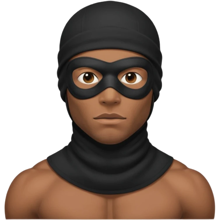 smug muscular african male black ski mask wearing guy with no top. wears a full ski mask with only eyes revealed emoji