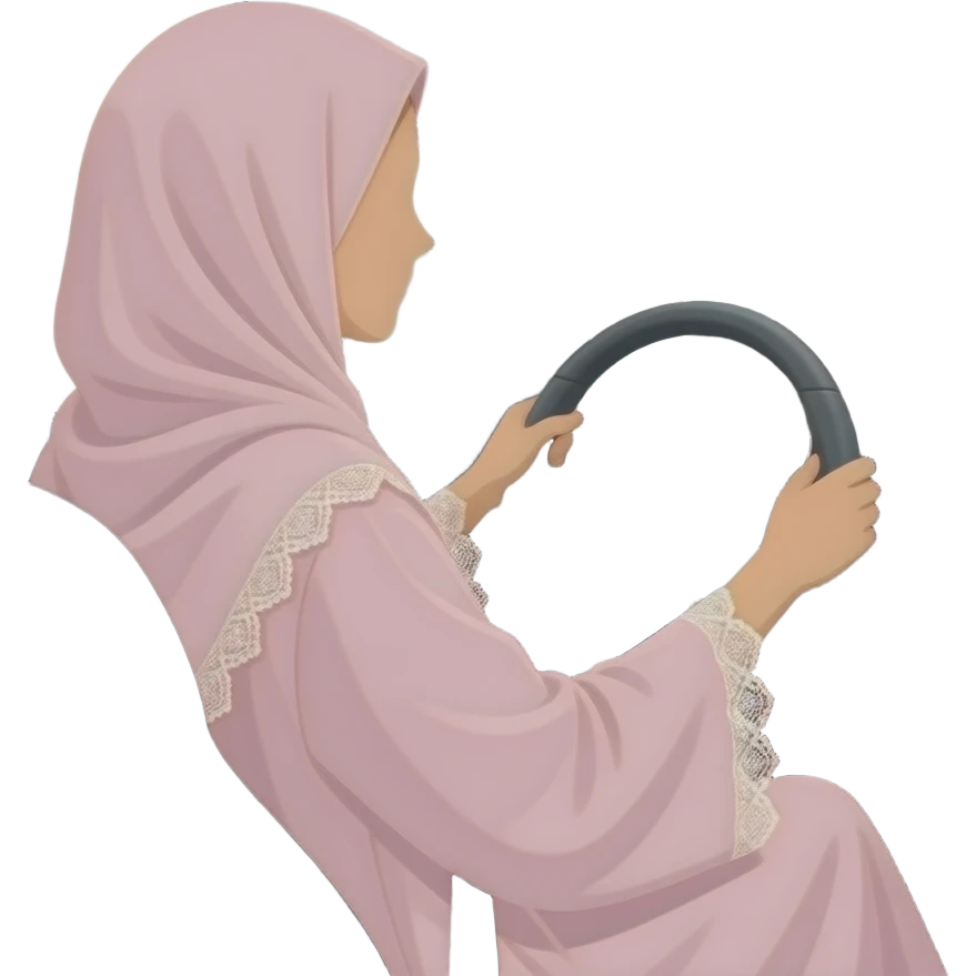 Faceless Muslimah in a pastel abaya driving a car, hands on the wheel, seen from behind. Sticker design. emoji