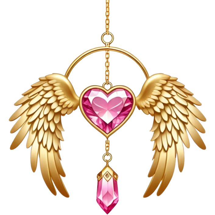 Reddish-pinkish and golden warm-colored romantic lush beautiful pretty hanging crystal-catcher aesthetic with hearts and glitters sparkles and feathers and white angel wings hanging from a gold chain emoji