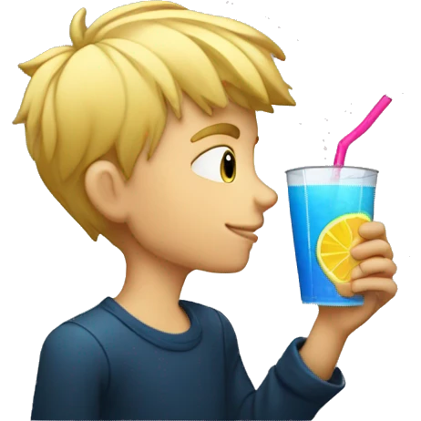 A blonde boy sucking juice with a straw while his hand is holding the drink, profile view emoji
