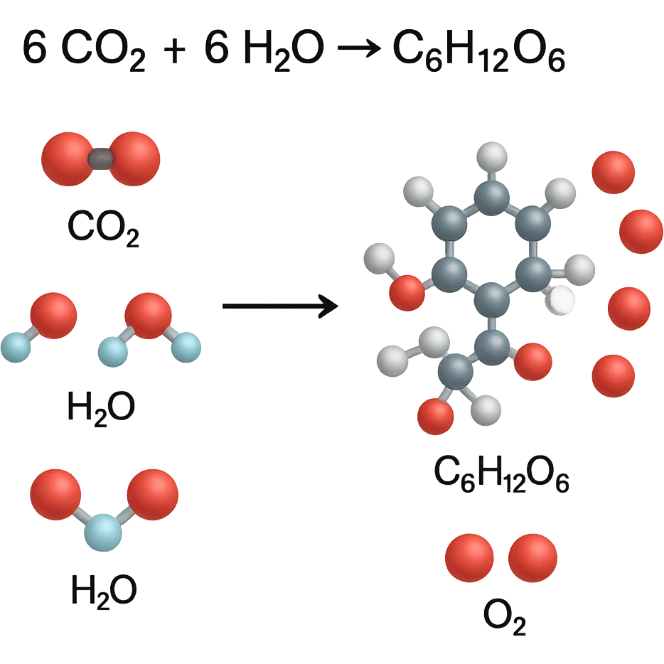A highly scientific, molecular-level illustration of the chemical equation for photosynthesis, showing molecules of CO2, H2O, O2, and glucose, with clear scientific labeling, no background, transparent background emoji