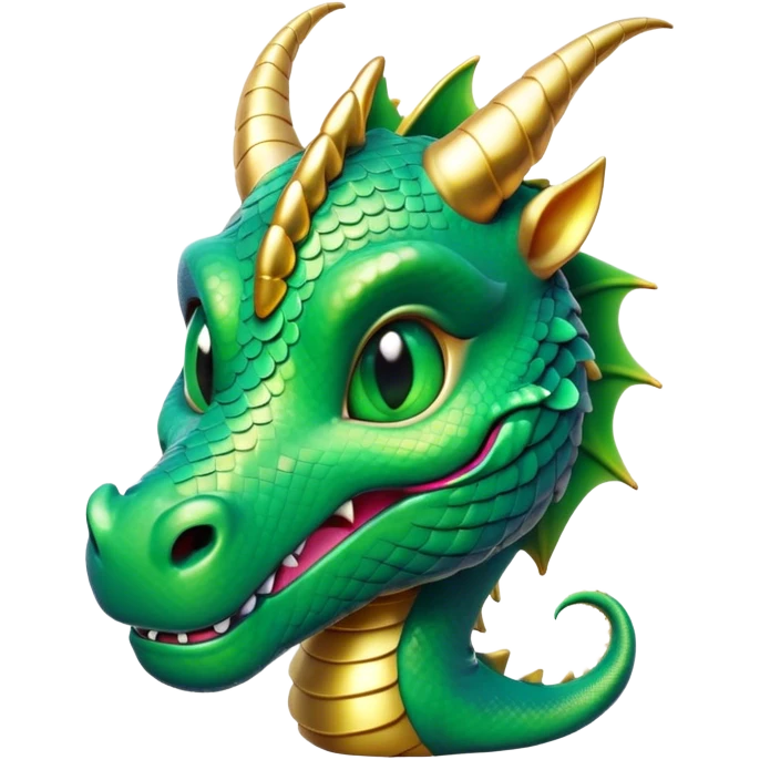 Cinematic Cute Dragon Portrait Emoji, Head tilted playfully and inquisitively, featuring a sleek, serpentine form adorned with iridescent scales that shift between emerald and gold, a delicate set of subtle horns, and round, sparkling eyes full of curious magic; rendered with realistic detail and warm natural light, high shine, affectionate and enchanting, styled with a touch of whimsical fantasy, soft glowing outline, capturing the essence of a mischievous yet lovable dragon that seems poised to slither playfully into your arms! emoji
