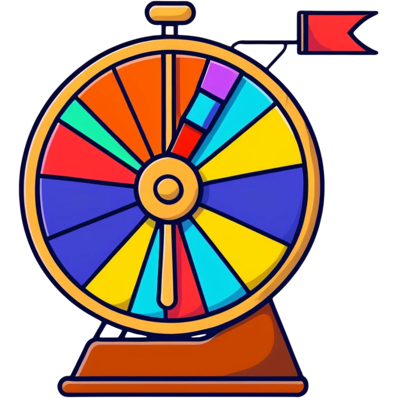 spinning fortune wheel with colorful sections and a pointer emoji