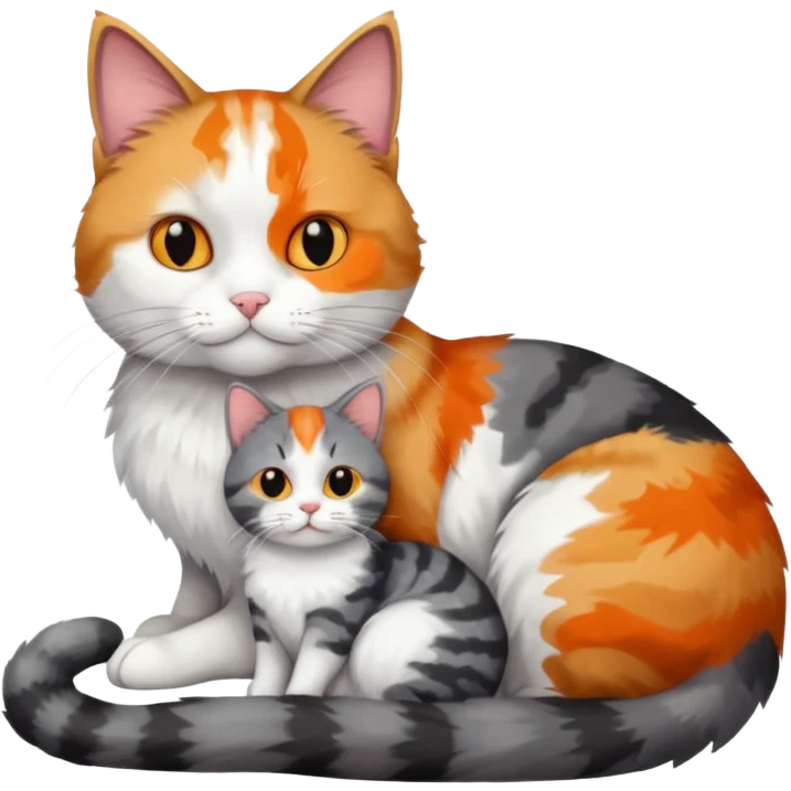 full body colourful light patched calico + white tabby cat cuddling a large grey and white cat  emoji