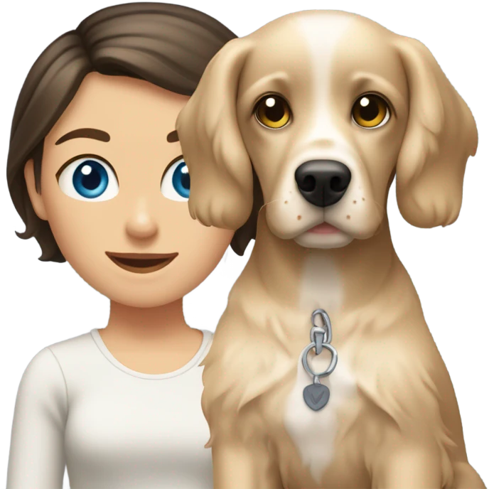 brunette girl short hair blue eyes  with blonde cocker spaniel emoji