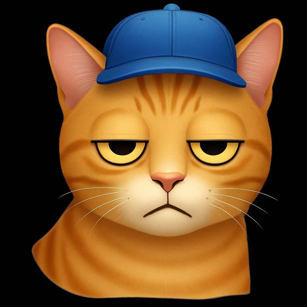 Change the cat's face expression to bored, keeping the blue cap, in emoji style. emoji