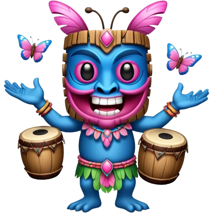 Cartoon Blue and pink tiki singing with butterfly and bongos emoji