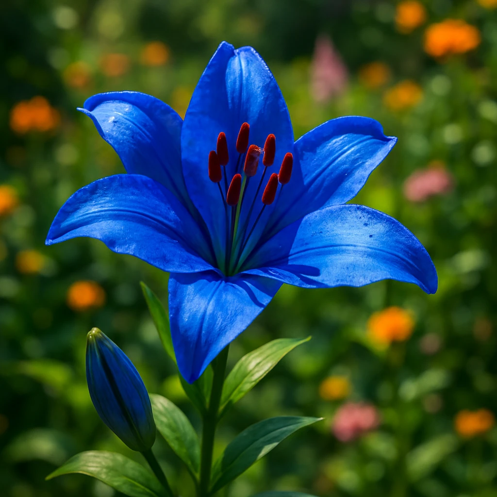 realistic style vibrant blue lily flower blooming in a garden emoji