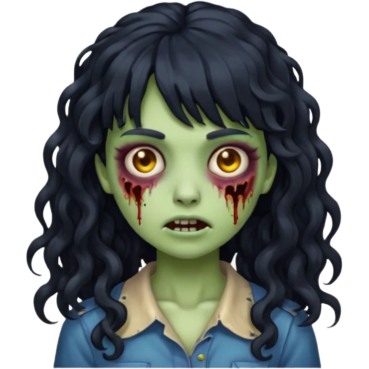 Emoji garota zombie com cabelo preto cacheado longo com franja emoji