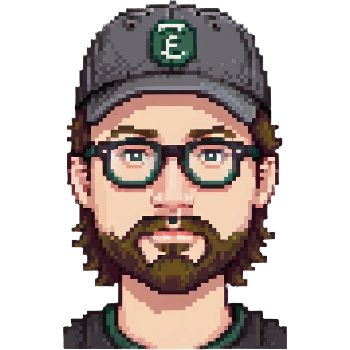 adventurer with goatee beard (no beard on cheeks), short hair, glasses and backwards baseball cap emoji