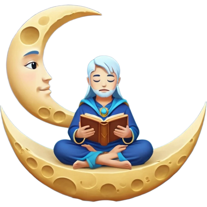 human mystic character reading alchemy book under giant floating moon emoji