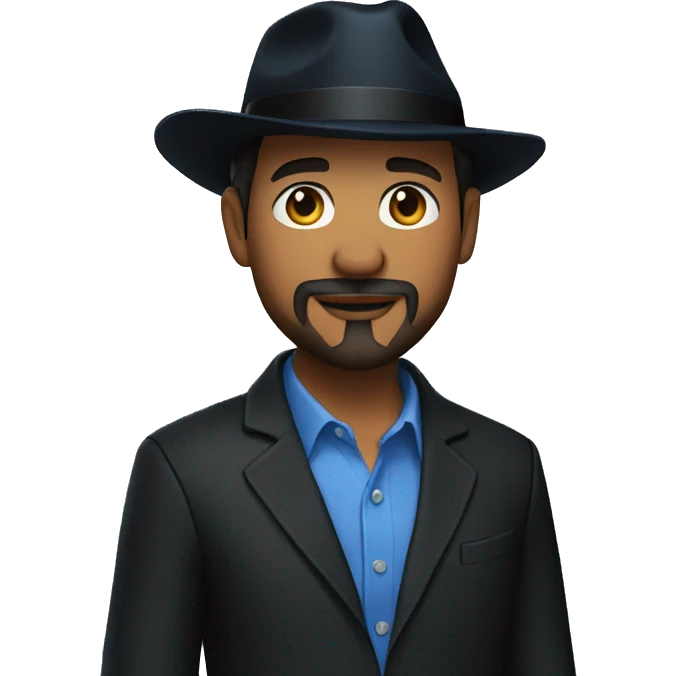 Man in blue button down shirt, goatee, black blazer, black fedora emoji
