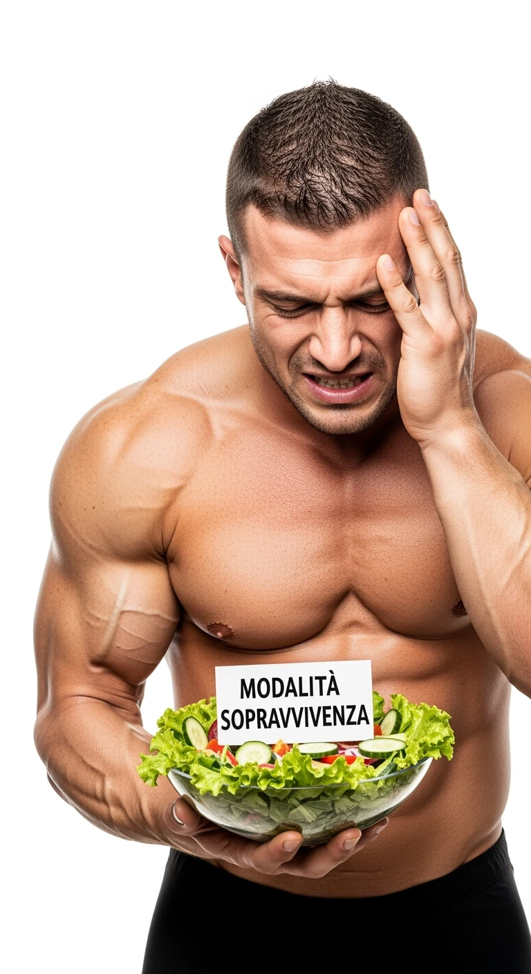 bodybuilder molto stanco e stressato con un insalata in mano, nell'insalata c'è un cartello con scritto "MODALITà SOPRAVVIVENZA", ISOLATO SU SFONDO BIANCO emoji