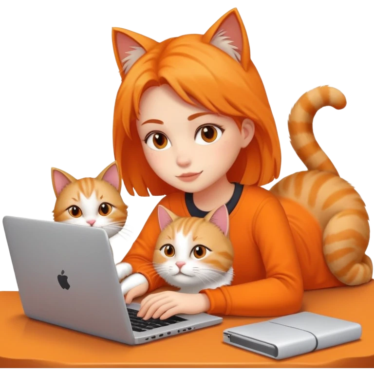 A girl is working on a laptop with a cat lying next to it emoji
