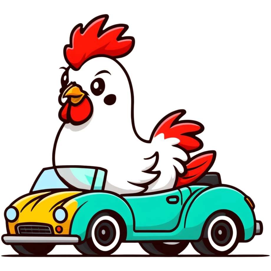 colorful rooster in a convertible sports car emoji