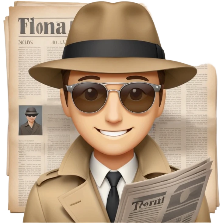 secret agent peeking over newspaper, only sunglasses and smile visible, fedora and trench coat, minimal expressive emoji look, clean lines, bright colors, plain or subtle street background emoji