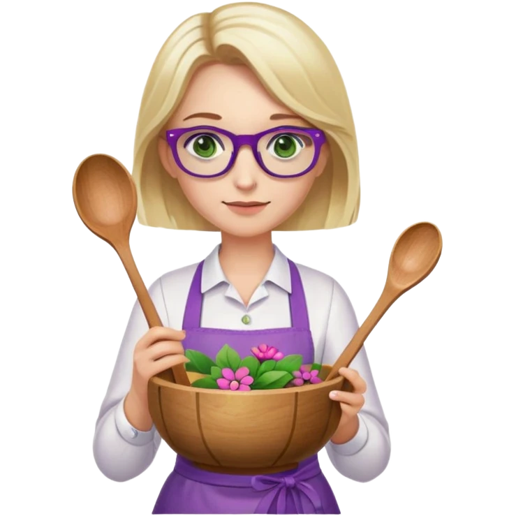 woman with blonde shoulder length hair, purple glasses, green eyes, flower apron, holding bowl and spoon emoji