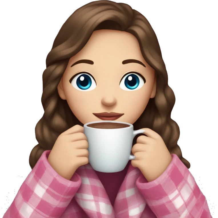 Girl with brown hair and blue eyes sipping on a hot chocolate wrapped in a pink plaid blanket  emoji
