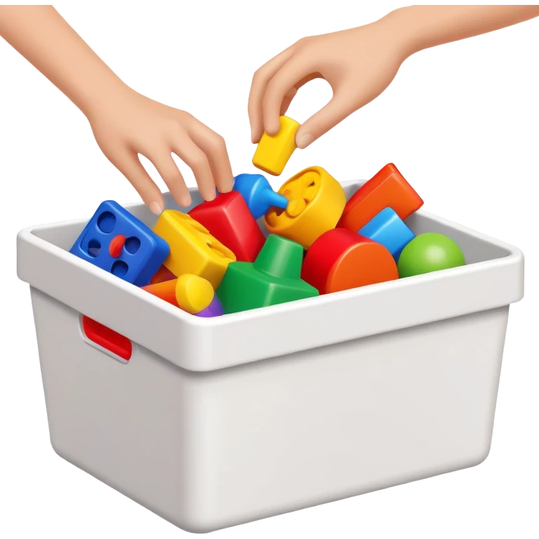 hands placing colorful toys into a storage bin, simple and friendly emoji