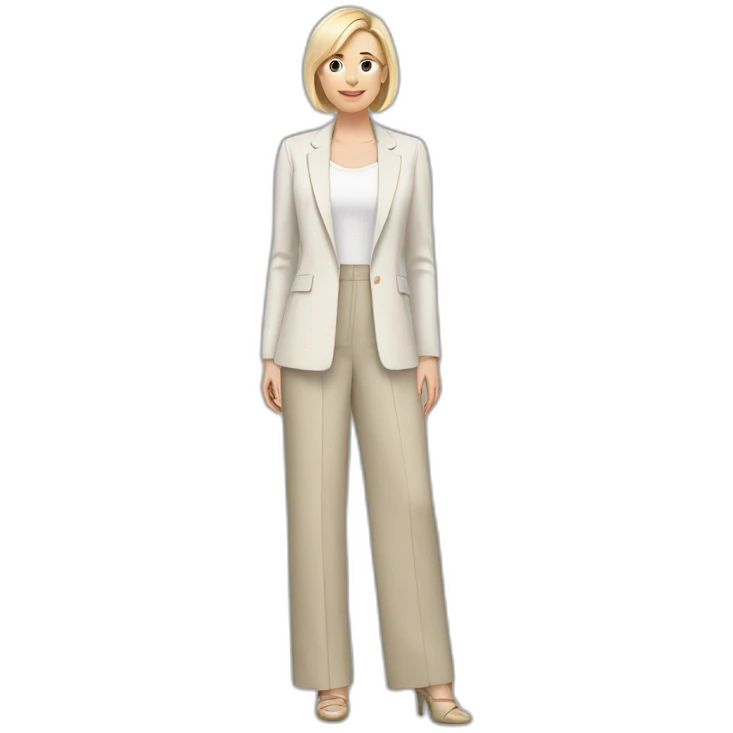 Full height Actively gesturing with hands pale skin woman with ash blonde Straightened bob Hair, White Spacious classical jacket, beige palazzo Arrow pants and gray blouse emoji