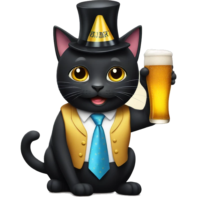Black cat with party head and beer emoji