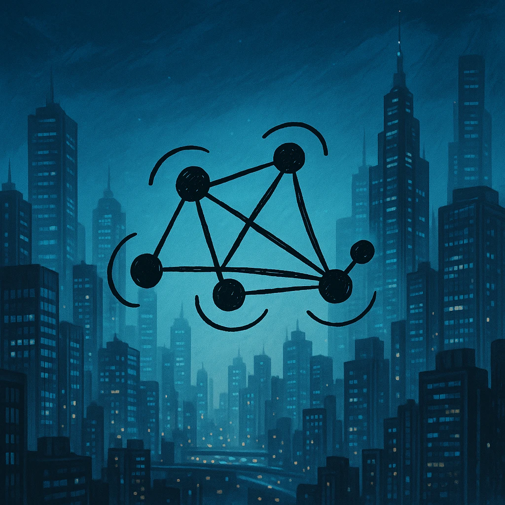 Add a futuristic city background, keep the hand-drawn neural network diagram as the main subject, maintain doodle style emoji