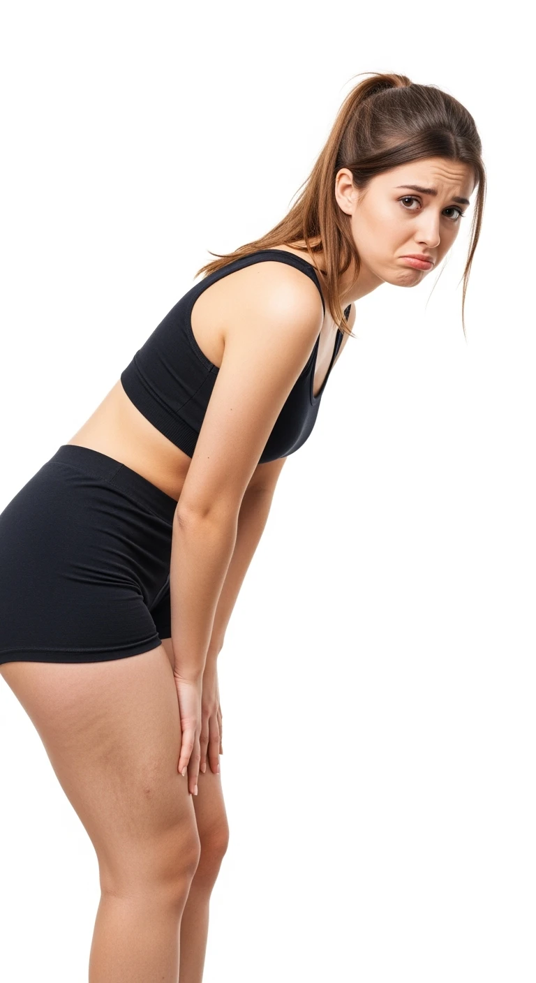 donna giovane con cellulite buchi di cellulite e ritenzione in gym short leggermente piegata in avanti, con espressione dispiaciuta in volto isolata su sfondo bianco emoji